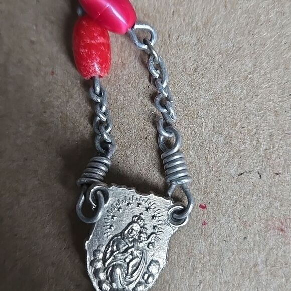 Red Beaded Rosary with Silver Toned Cross Unisex Medals Charms 2 Toned Reds - Picture 13 of 16